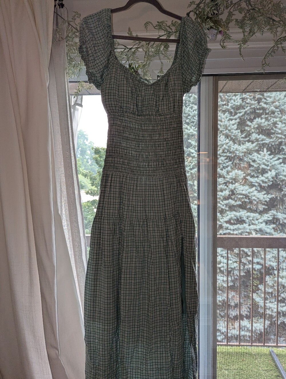 green gingham drop waist puff sleeve midi dress